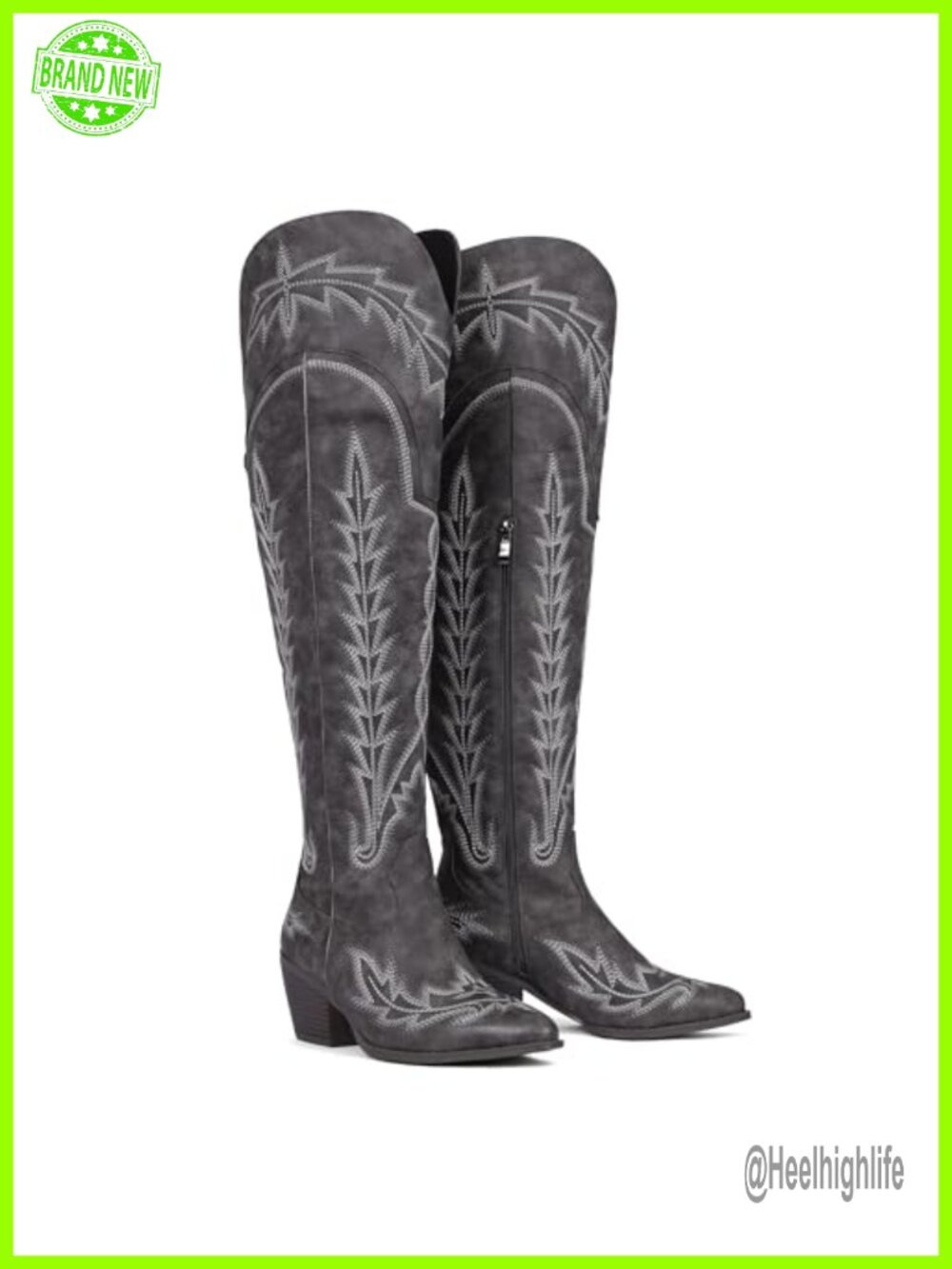 Thigh High Cowboy Boots Embroidered Chunky Heel Side Zip Over The Knee Wide